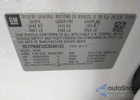 2012 Cadillac Srx Performance Collection from USA, damaged, VIN 3GYFNBE32CS568123